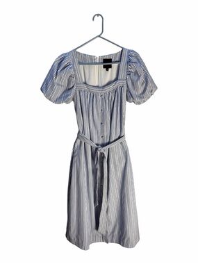 Alex Marie Blue and White Striped Puff-Sleeve Midi Dress